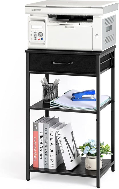 3 Tier Printer Stand Under Desk Small Printer Table with Storage Drawers Wood Printer Shelf Rack for Desk Black Side Table Nightstand for Home Office Organization