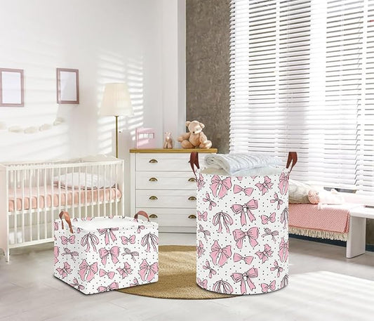Laundry Hamper,Laundry Basket,Baby Nursery Hamper,Waterproof Storage Bin,Clothes Organizer Basket,Room Decor(Hand-drawn Bowknot)