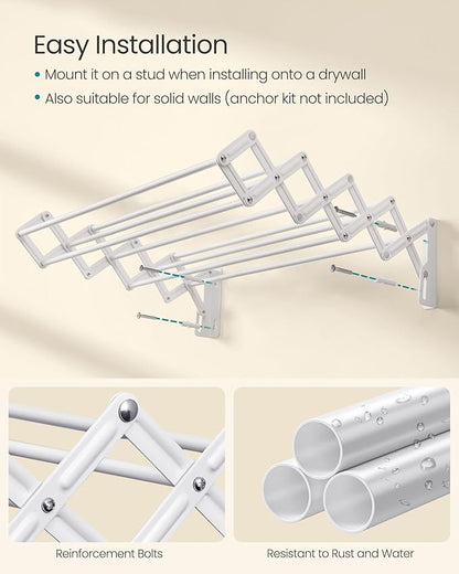 SONGMICS Clothes Drying Rack, Wall-Mounted Drying Rack Clothing, Accordion Laundry Rack, 9 Staggered Hanging Rods, Expandable and Retractable, Steel, Cloud White ULLR806W01