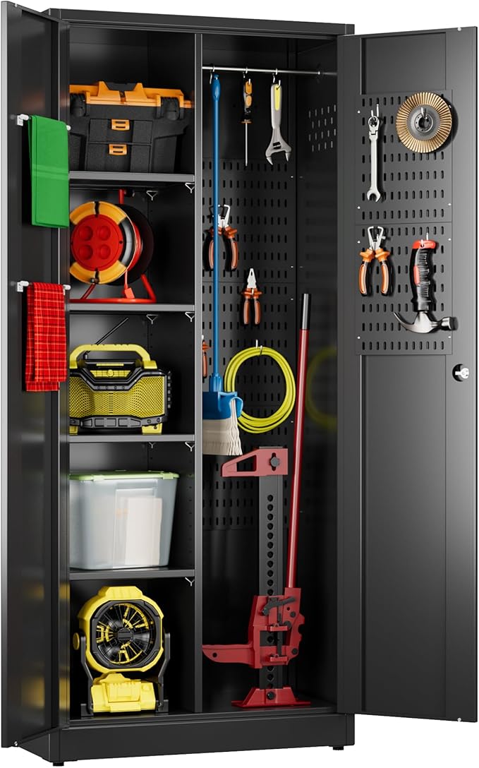Broom Closet Storage Cabinet with 5 Pegboard, Hanging Rod &13 Hooks, Utility Metal Garage Storage Cabinets with Doors and 4 Shelves for Garage Home Storage, Black,61.6" Hx27.6 Wx13.8 D