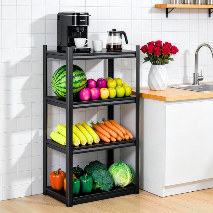 Kitchen Storage Shelves, 44''H*20''W Microwave Stand, Adjustable Metal Shelving, 1600LBS Bakers Rack, Black Kitchen Shelf, 4-Tier Shelving Unit for Bathroom, Pantry, Laundry, Closet, Garage