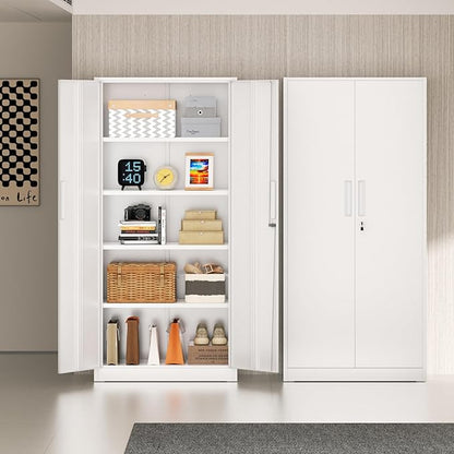 72” Metal Storage Cabinet, Lockable File Cabinets with 2 Doors and 4 Adjustable Shelves, Steel Tool Cabinets with Lock for Office, Home, Gym, White-Small