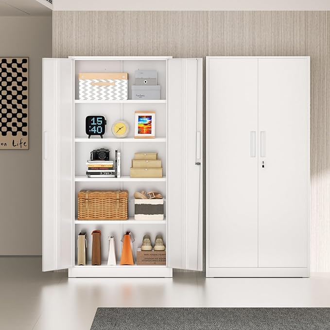 72”Metal Storage Cabinet, Lockable File Cabinets with 2 Doors and 4 Adjustable Shelves, Steel Tool Cabinets with Lock for Office, Home, Gym(White)
