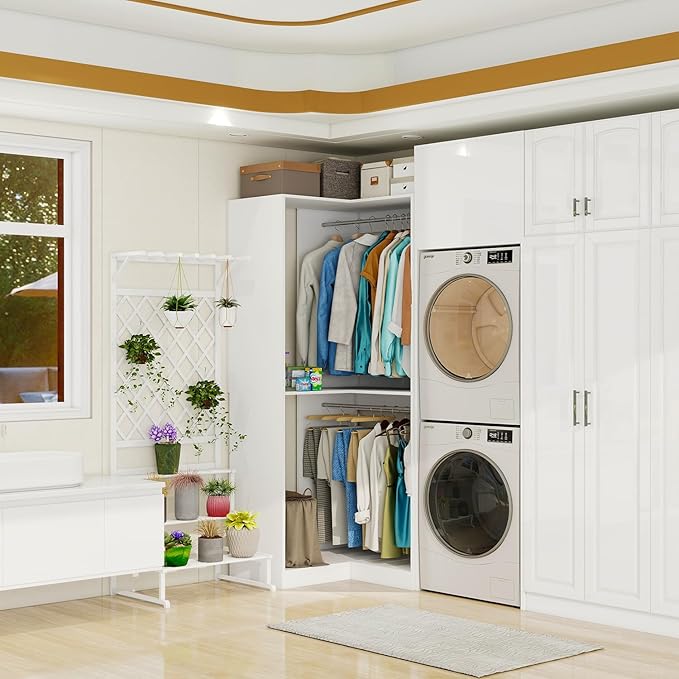 Corner Closet System with 3 Hanging Rods, 30.8”-70.2” L Shaped Freestanding Closet Organizer for Walkin Closet, Corner Wardrobe, White