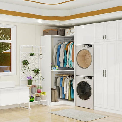 Corner Closet System with 3 Hanging Rods, 30.8”-70.2” L Shaped Freestanding Closet Organizer for Walkin Closet, Corner Wardrobe, White