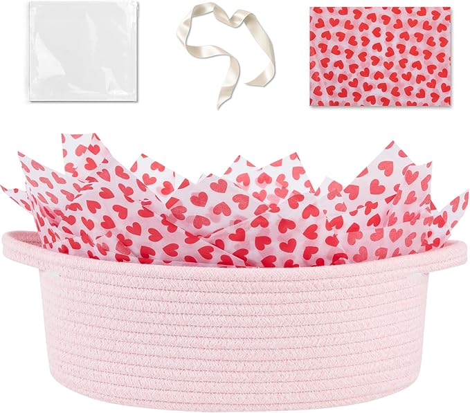 OIAHOMY Gift Basket with Handle, Valentine's Day Woven Basket with Gift Bag, Ribbon and Wrap Tissue Paper, Nursery Bins Empty to Fill with Small Items, Baby, Pet Toy Organiser - Valentine's Pink