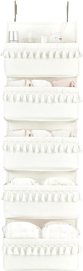Dahey Over The Door Organizer Boho Nursery Storage Decor Closet Hanging Organizer with Tassels Decoration for Bedroom Nursery Bathroom Apartments Dorm Pantry, 5 Pockets, White