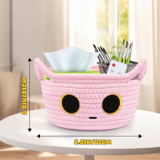 Small Storage Cat Basket, Pinks Cotton Rope Woven Basket for Nursery With Ears Toy Organizer Baskets for Gift, Cat Dog Bin Toys 8.5×4.5 inches
