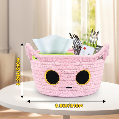 Small Storage Cat Basket, Pinks Cotton Rope Woven Basket for Nursery With Ears Toy Organizer Baskets for Gift, Cat Dog Bin Toys 8.5×4.5 inches