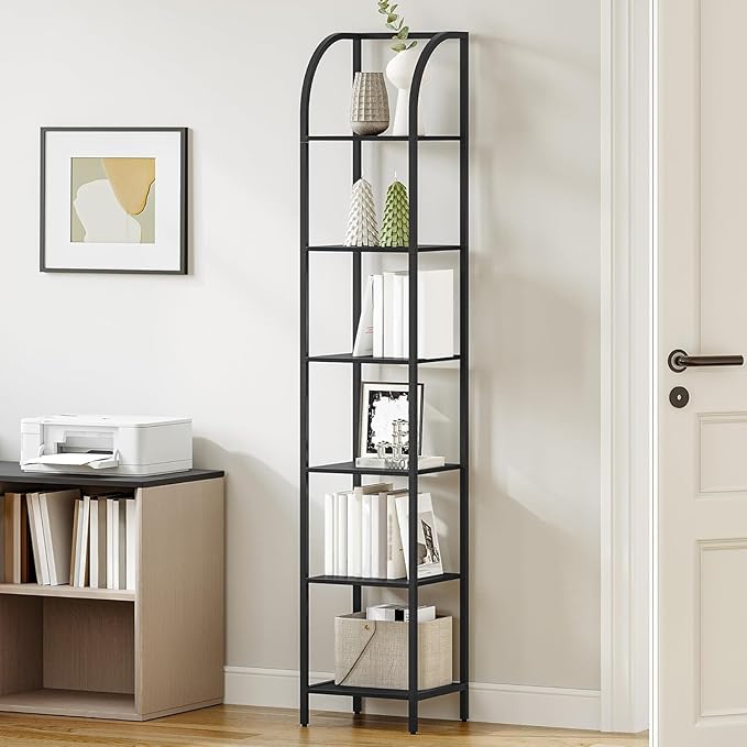Bookshelf Narrow Bookcase, Tall Storage Rack with Steel Frame, Display Standing Shelf Unit, Skinny Book Shelf for Study Living Room Home Office, Industrial Style, 6-Tier Black BC56004B