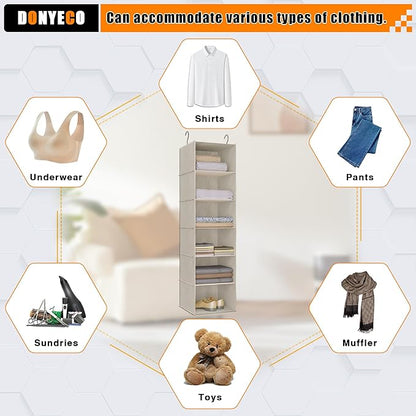 Hanging Closet Organizer, Easy Mount Foldable 6-Shelf Hanging Closet Wardrobe Storage Shelves, Clothes Handbag Shoes Accessories Storage, Imitation Linen Fabric, Beige Houndstooth