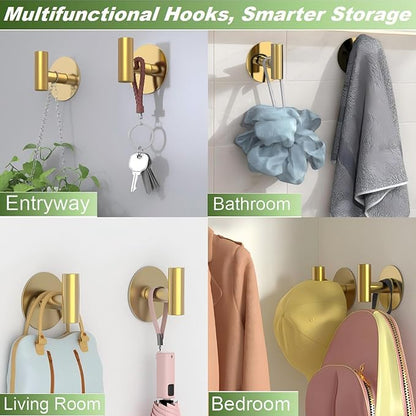 Gold Stainless Steel Wall Hooks, Heavy Duty Self-Adhesive Hooks for Coats, Towels, Robes, Hats, Aprons – No Drill Bathroom, Kitchen, Hotel (2 Pack)