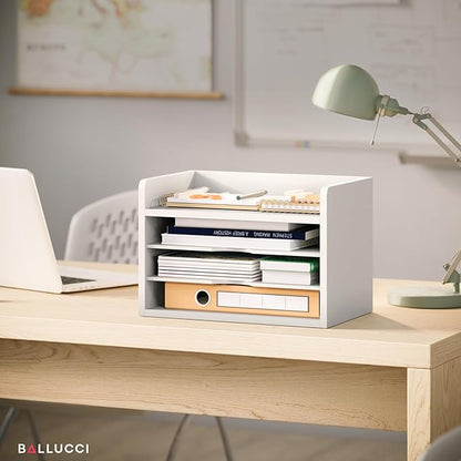 Ballucci File Organizer, 4-Tier Office Desk Organizer, Open Top Wood Paper Organizer for Classroom, Desktop Mail Sorter Paper Tray, White