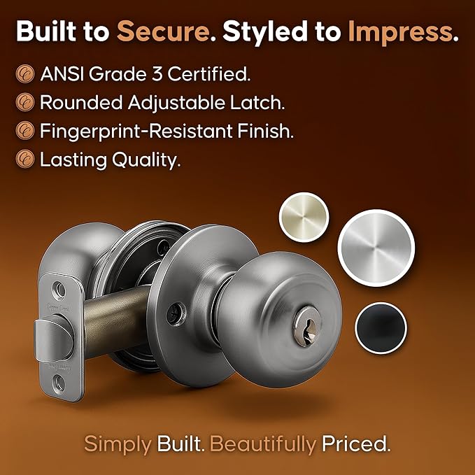 Copper Creek Colonial Entry Door Knob – Keyed Entry Handle with Lock and Key, ANSI Grade-3 Certified, DIY-Friendly Install for Interior and Exterior Entrance Doors – Satin Stainless (1 Pack)