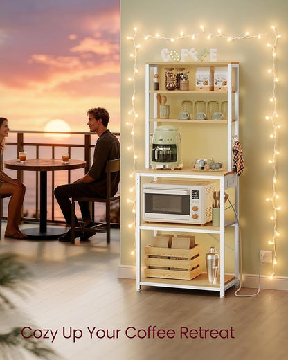 VASAGLE Bakers Rack with Power Outlet, 23.6 Inches Coffee Bar for Kitchen with Storage, 6-Tier Kitchen Shelves with 6 Hooks, Microwave Stand, Industrial, Golden Oak and Cloud White UKKS124Y03