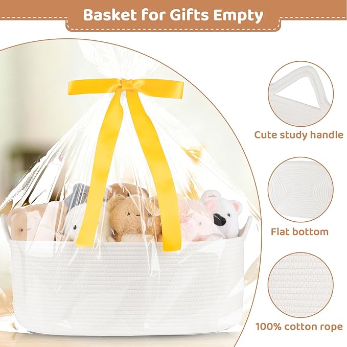Large Empty Gift Baskets for Baby Shower, 18.9" L x 13.8" W x 7.8" H Cute Woven Storage Basket with Gift Bags and Ribbons, Small Rope Toy Basket with Handles, Cat Dog Pet Toy Organizer - White