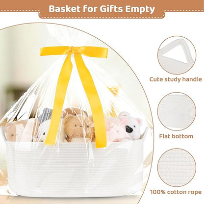 Large Empty Gift Baskets for Baby Shower, 18.9" L x 13.8" W x 7.8" H Cute Woven Storage Basket with Gift Bags and Ribbons, Small Rope Toy Basket with Handles, Cat Dog Pet Toy Organizer - White
