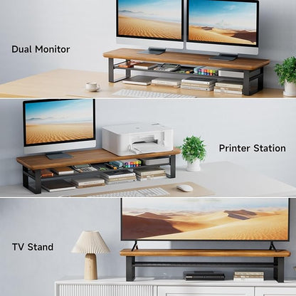 Dual Monitor Stand, 35.4 Inch Monitor Stand Riser for 2 Monitors, 2 Tiers Wood Desk Shelf with Storage, Desktop Organizer Stand for Computer, Laptop, Printer, TV (Walnut, 35.4in)