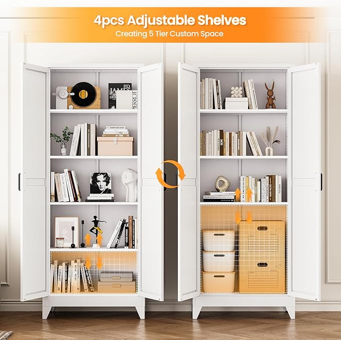 Metal White Storage Cabinet with 2 Doors and 4 Adjustable Shelves, 75" Tall Kitchen Pantry cabinets, Farmhouse Food Pantry Cabinet,5 Tier Freestanding Barn Door Cupboard for Kitchen Dining/Living Room
