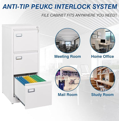 3-Drawer File Cabinet with Lock, 16.3" Deep Vertical Filing Cabinets, Metal File Cabinets for Home Office, Anti-Tip 3 Storage Drawers for Letter/Legal/A4/F4 Size (Assemble Required, White)