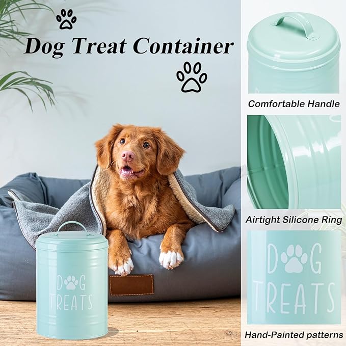 Dog Treat Container Airtight, Dog Treat Jar with Lid - 9x5.5'' Metal Dog Cookie Jar for Farmhouse Kitchen Counter, Green Pet Treat Container, Dog Treat Storage Container for Dogs, Cats