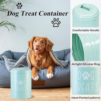 Dog Treat Container Airtight, Dog Treat Jar with Lid - 9x5.5'' Metal Dog Cookie Jar for Farmhouse Kitchen Counter, Green Pet Treat Container, Dog Treat Storage Container for Dogs, Cats