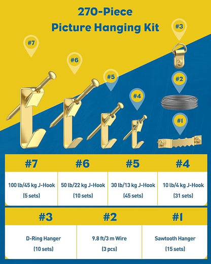 Uniclife 270 Pcs Heavy Duty Picture Hanging Kit, 10 lb, 30 lb, 50 lb, 100 lb Picture Hanging Hooks with Nails, D Ring Picture Hangers Sawtooth Picture Hangers & Picture Hanging Wires with Screws