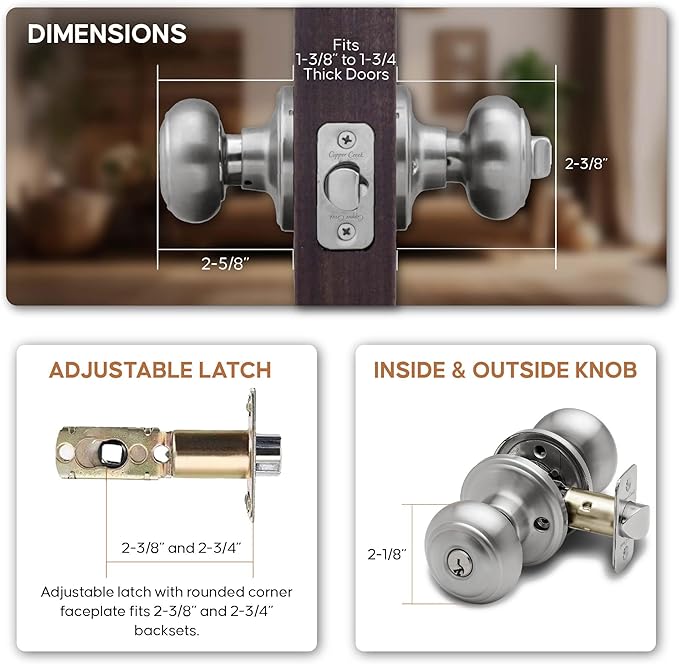 Copper Creek Colonial Entry Door Knob – Keyed Entry Handle with Lock and Key, ANSI Grade-3 Certified, DIY-Friendly Install for Interior and Exterior Entrance Doors – Satin Stainless (1 Pack)