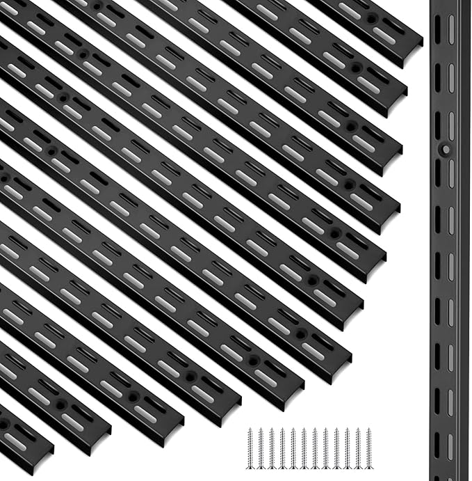 12 Pack 47 Inch Dual Track Upright Wall Shelving System Shelf Bracket Twin Slot Shelf Rail Twin Track Upright Heavy Duty Support System for Pantries, Linen Closets, Laundry Rooms (Black)