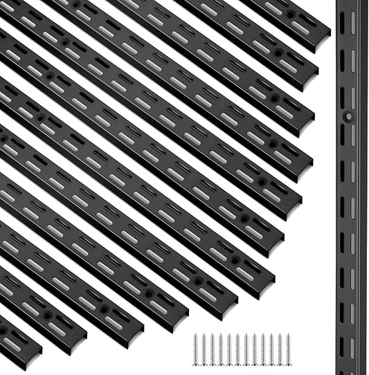 12 Pack 47 Inch Dual Track Upright Wall Shelving System Shelf Bracket Twin Slot Shelf Rail Twin Track Upright Heavy Duty Support System for Pantries, Linen Closets, Laundry Rooms (Black)