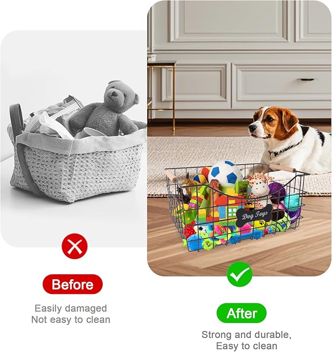 Metal Dog Toy Basket,Indestructible Dog Toy Bin with Wooden Handle,Sturdy Pet Storage Organizer,Ideal for Dog Leash,Blanket,Snacks-15.1 (L) x 10.7 (W) x 7 (H) inches