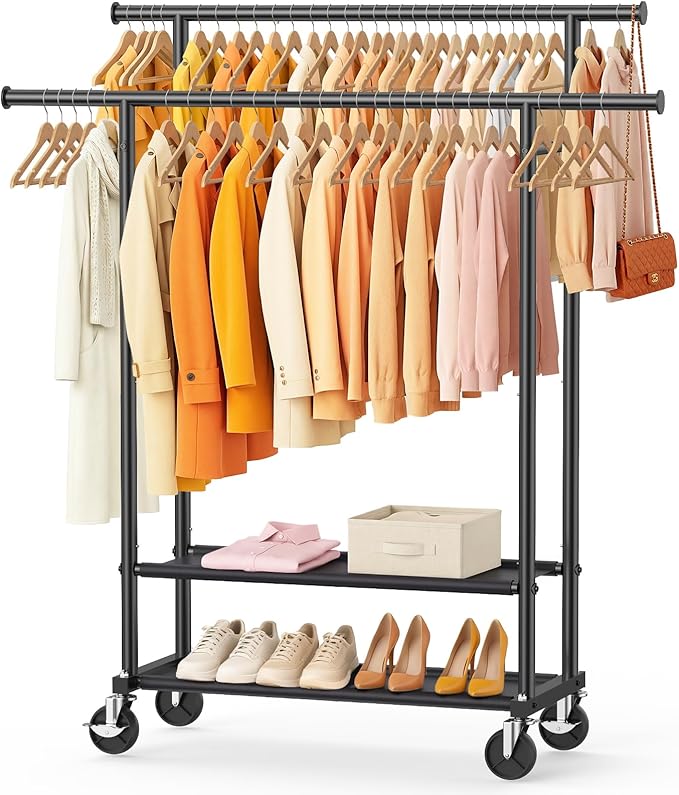 Double Rods Clothes Rack, Rolling Clothing Rack for Hanging Clothes Closet Rack with Wheels, Metal Portable Garment Rack with Double Shelves for Bedroom Laundry Living Room, Black