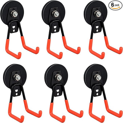 ULIBERMAGNET Heavy Duty Magnetic Garage Hooks,6 Pack Strong Large Magnet Hooks for Power Drill,Garden Tools,Hose,Pegboard,Garage, Workshop,Magnetic Storage Hook for Indoor Outdoor Hanging(Orange)