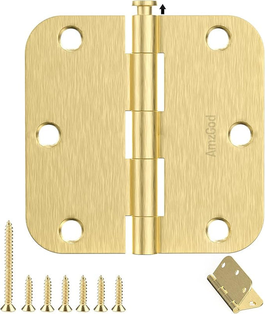Gold Door Hinges - 42 Pack Satin Brass Door Hinge 3.5 Inch Rounded Interior Door Hinge with 5/8" Radius - 3 1/2 Inches Brushed Brass Hinges for Residential Standard Doors
