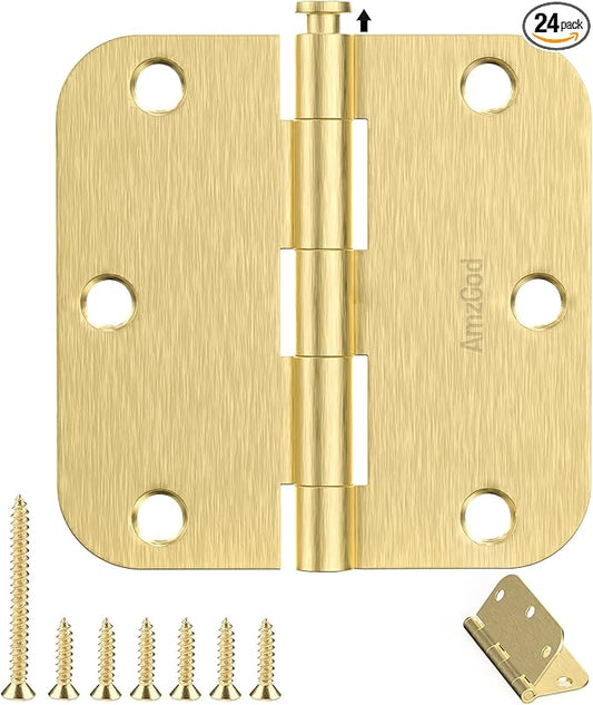 Door Hinges Satin Brass - 24 Pack Gold Door Hinges 3.5 Inch Rounded Interior Door Hinge with 5/8" Radius - 3 1/2 Inches Flat Iron Brass Hinges for Residential Standard Doors