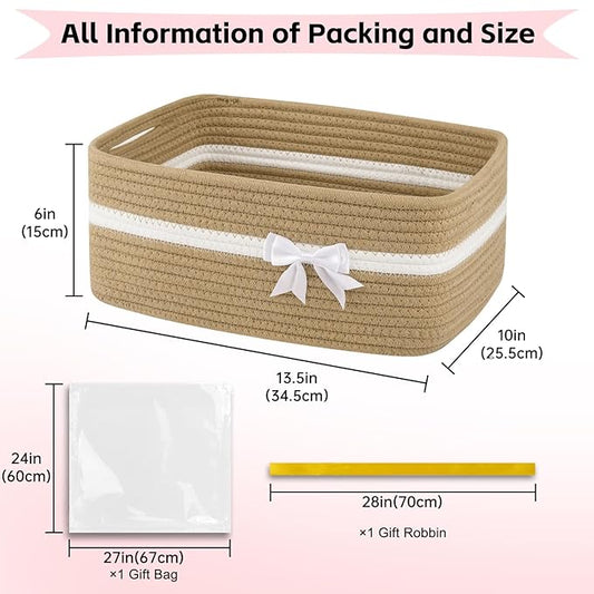 OIAHOMY Large Woven Storage Basket with Handles for Nursery Living Room Shelves, Bow Basket for Gifts Empty with Gift Bags and Ribbons for Baby Showers Pet Toy Bin - Yellow