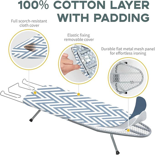 Small Tabletop Ironing Board Foldable, RAINHOL Steel Mesh Portable Iron Board for Dorm and Apartment, with Iron Rest and Heat-Resistant Cotton Cover, 32" x 12", Blue and White Stripes
