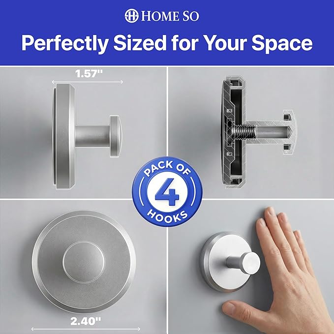 HOME SO Suction Cup Hooks for Shower & Bathroom Towel Holder 4-Pack – Suction Cups Hooks for Hanging Towels, Robes, & Coats - Tiles, Glass Door or Mirror – Shower Hooks & Towel Hooks Organizer -Nickel