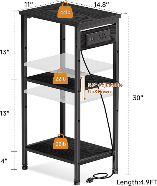 Tall Nightstand with Charging Station, 3 Tier Narrow Tall End Table with Storage, Slim Side Table with USB Ports and Outlets for Bedroom, Living Room, Office, Black