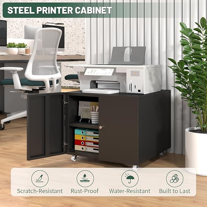 Printer Stand with Storage Cabinet with Wheels,3D Heavy Duty Metal Large Printer Table with Adjustable Shelf for Home Office, Mobile Printer Cart,Black,17.7" H