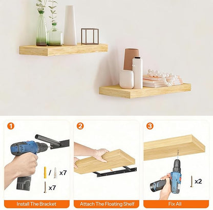 HOOBRO Floating Shelves for Wall, Wall Mounted Shelf Set of 2, 15.7" Hanging Shelf with Invisible Brackets, for Wall in Bathroom, Bedroom, Toilet, Kitchen, Living Room, Office, Natural NL40BJ01