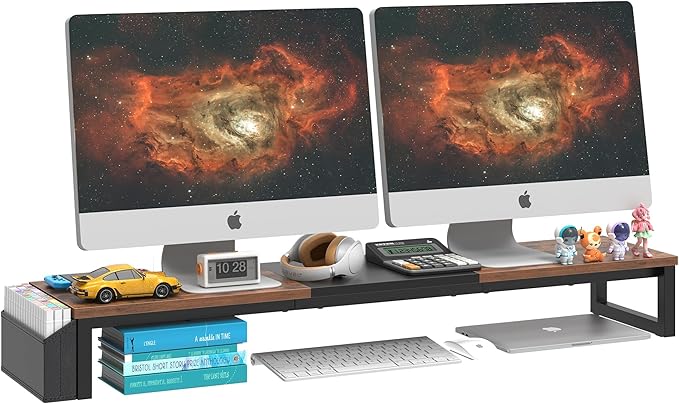 LAND·VOI Dual Monitor Stand Riser,41.5'' Long Monitor Stand for 2 Monitors, Wood Computer Riser with Pocket, Desktop Oraganizer with Pen Holder, Monitor Riser for Desk Computer,Laptop,TV, Rustic Brown