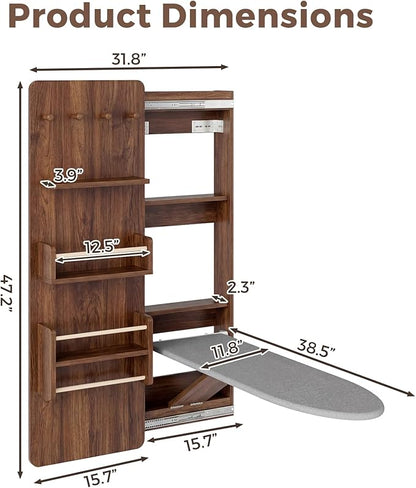 Wall Mounted Ironing Board Cabinet with Storage, Foldable Wall Ironing Board with Sliding Door, Wall Mount Space Saving Ironing Station for Laundry Room, Living Room, Entrance (Walnut)