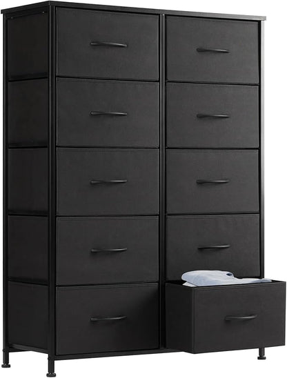 Sweetcrispy Tall Dresser for Bedroom, Drawer Dresser Organizer Storage Drawers with 10 Drawers, Chest of Drawers with Fabric Bin, Steel Frame, Wood Top for Bedroom, Closet, Entryway