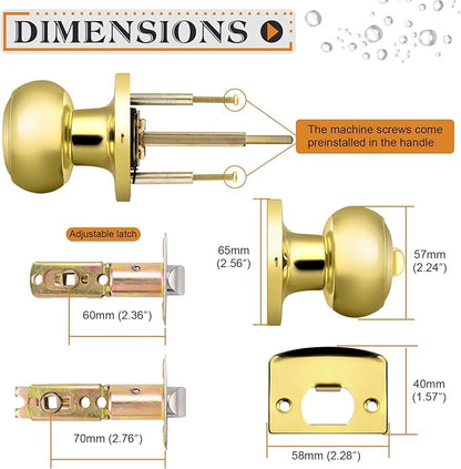 Probrico Polished Brass Door Knobs, Interior Door Knobs with Round Ball Knob, Nickel Privacy Door Knob for Bedroom Bathroom, 10 Pack