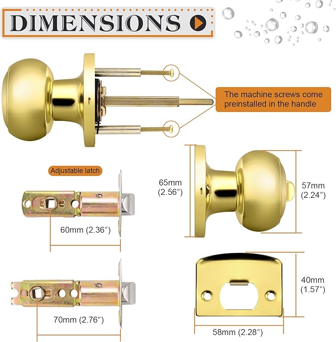 Probrico Polished Brass Door Knobs, Interior Door Knobs with Round Ball Knob, Nickel Privacy Door Knob for Bedroom Bathroom, 6 Pack