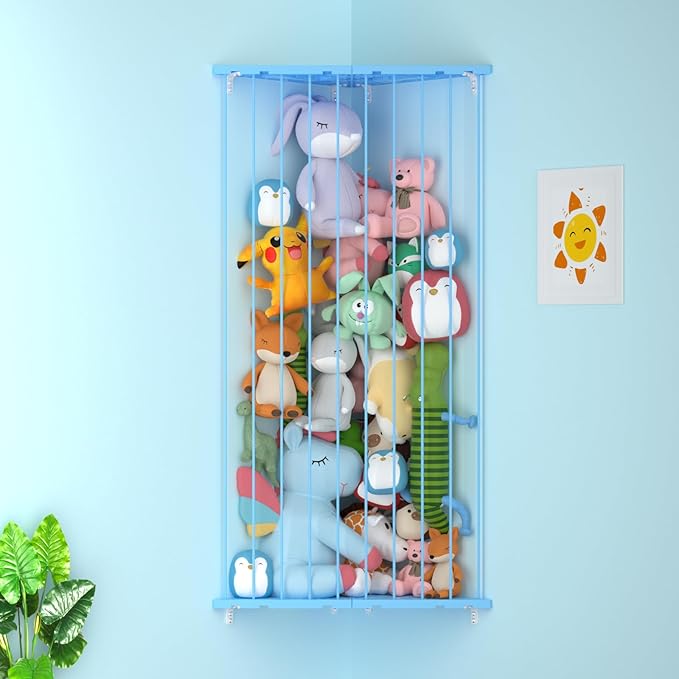 Corner Stuffed Animal Storage Net - Stuffed Animals Holder with Lights - Plush Organizer Hanging Stuffed Animal Hammock for Wall (Blue, X-Large)