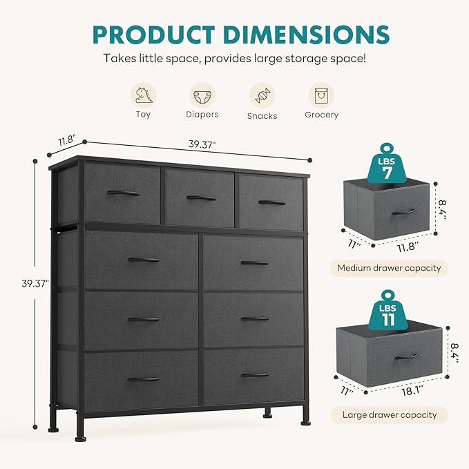 OLIXIS 9 Drawer Storage Dresser with Wood Top - Wide Fabric Chest Organizer for Bedroom, Closet, Living Room,Tower Cabinet, TV Stand, Hallway Entryway Furniture,Heather Gray