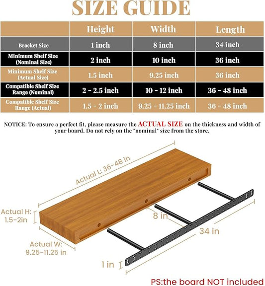 2pcs Floating Shelf Bracket Heavy Duty,Decorative Floating Shelf Hardware Hidden Black Metal Fireplace Mantel Brackets (34"X8"X1.0" with Tools)