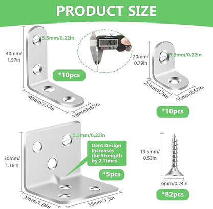 25Pcs Silver L Brackets for Shelves, 3 Sizes Angle Corner Braces Metal L Bracket Heavy Duty for Wood, Sturdy and Rustproof for Repairing Furniture with 82Pcs Screws Mounting Bracket Easily